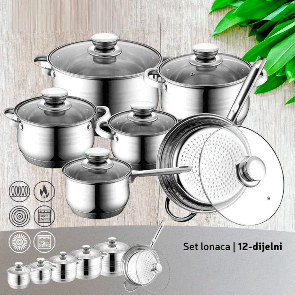 12-dijelni SET LONACA INOX SA STAKLENIM POKLOPCIMA