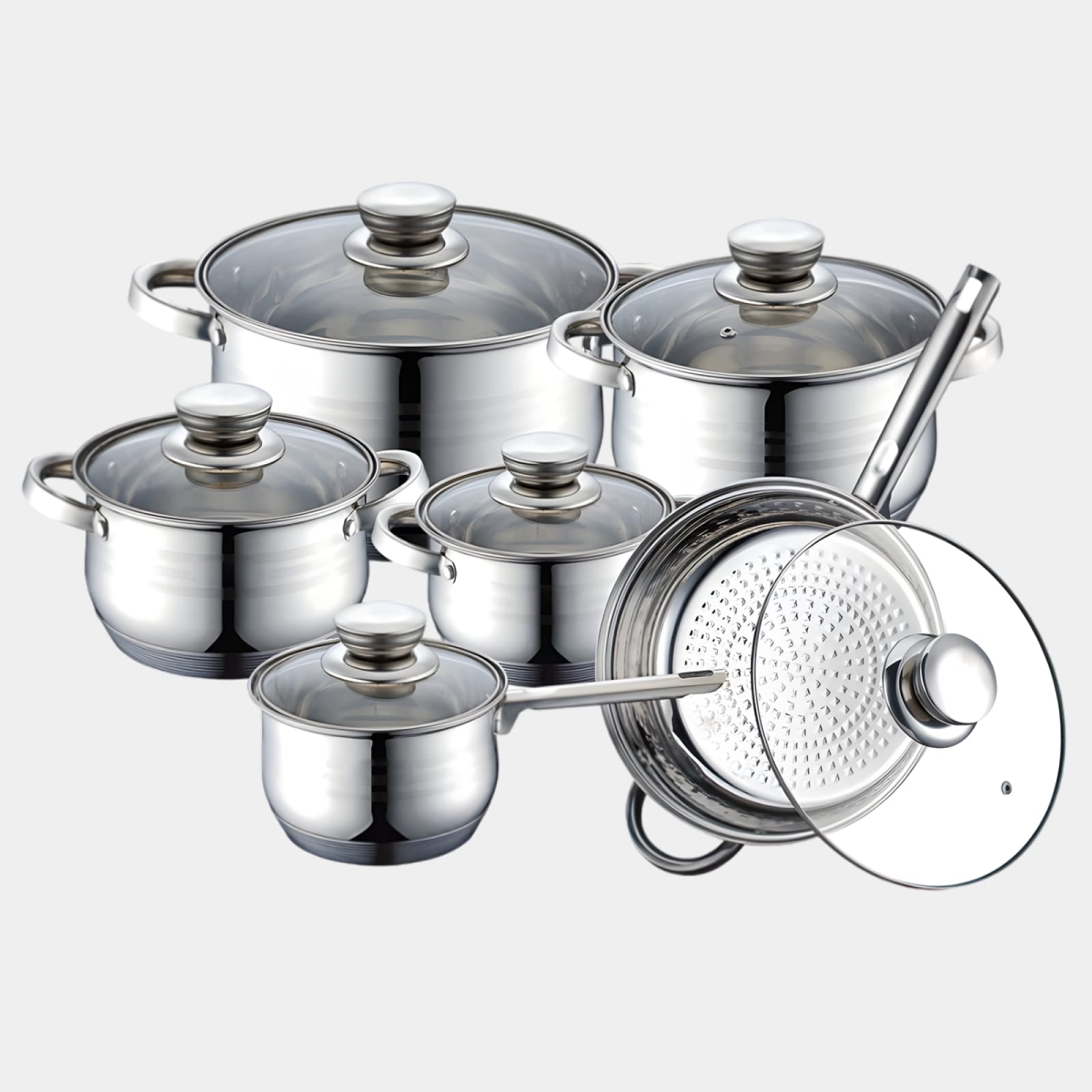12-dijelni SET LONACA INOX SA STAKLENIM POKLOPCIMA