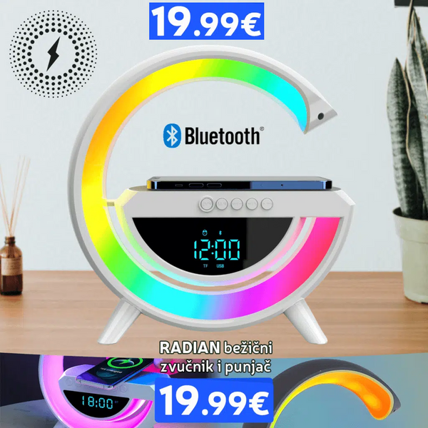 7 u 1 LAMPA , BEŽIČNI PUNJAČ, BLUETOOTH, ZVUČNIK, SAT, ALARM, TAJMER